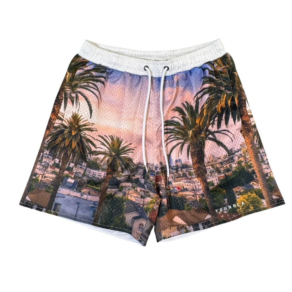YoungLA 150 Mesh Gym Shorts Large Sunset Palm Tree Cityscape Graphic Print Mens